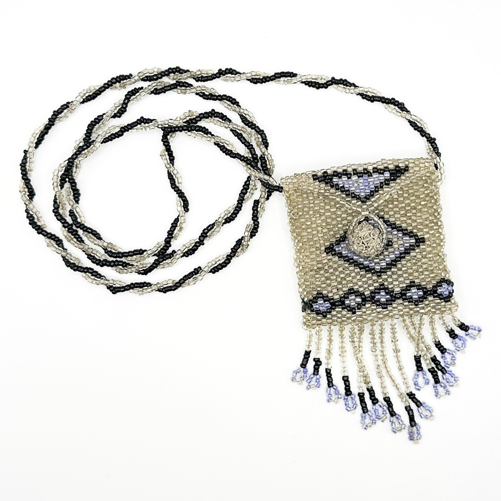 Vintage Native American Style Fully Beaded Medicine Pouch Necklace Peyote Stitch